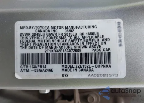 2003 Toyota Matrix Xr из США, поврежденный, VIN 2T1KR32E13C072005